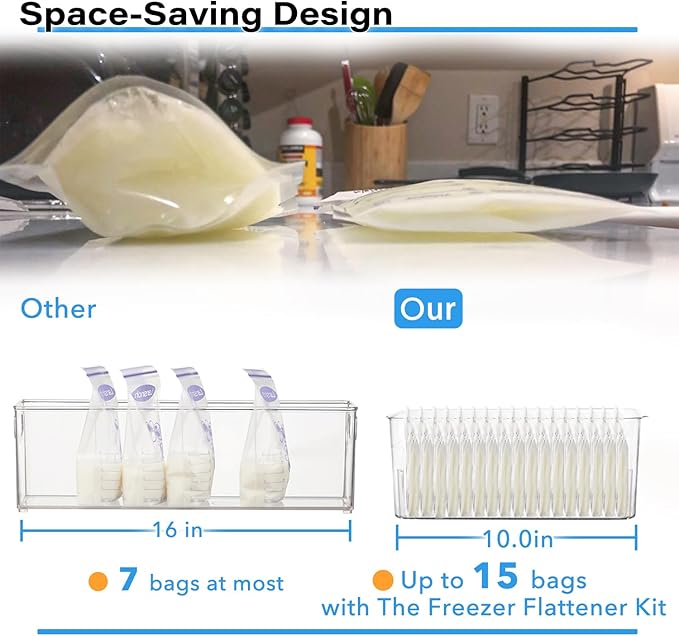 Breastmilk Storage Container with 4 Freezer Flattener Kit to Flatten Standing Breast Milk Bags in Organizer Bins Save Refrigerator Space |Horizontal Storage