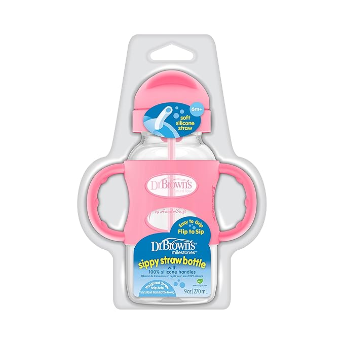 Dr. Brown's Milestones Wide-Neck Sippy Straw Bottle with 100% Silicone Handles and Weighted Straw, 9 oz/270 mL, Pink, 6m+