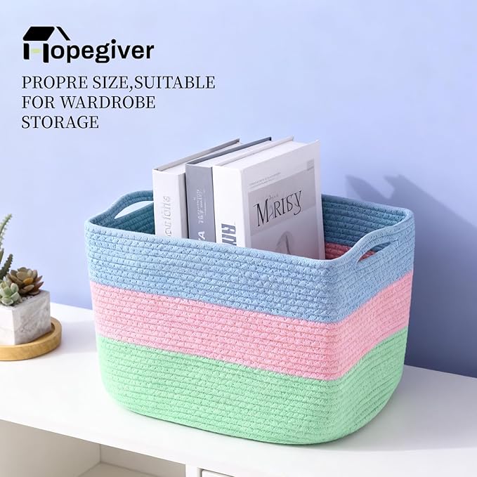 Hopegiver 3 Pack Storage Baskets for Organizing with Handle, Woven Baskets for Shelves - Durable Gift Basket for Cloth Toys Books Baby, Cotton Rope Basket for Dog Cat, 15x11x10 Inch(Blue&Pink&Green)