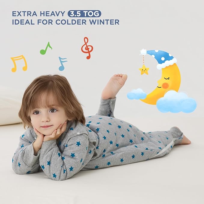 Duomiaomiao 3.5 TOG Toddler Sleep Sack 2-3T 100% Cotton Winter Side Open Zipper Baby Sleep Sack with Feet, Warm Toddler Wearable Blanket