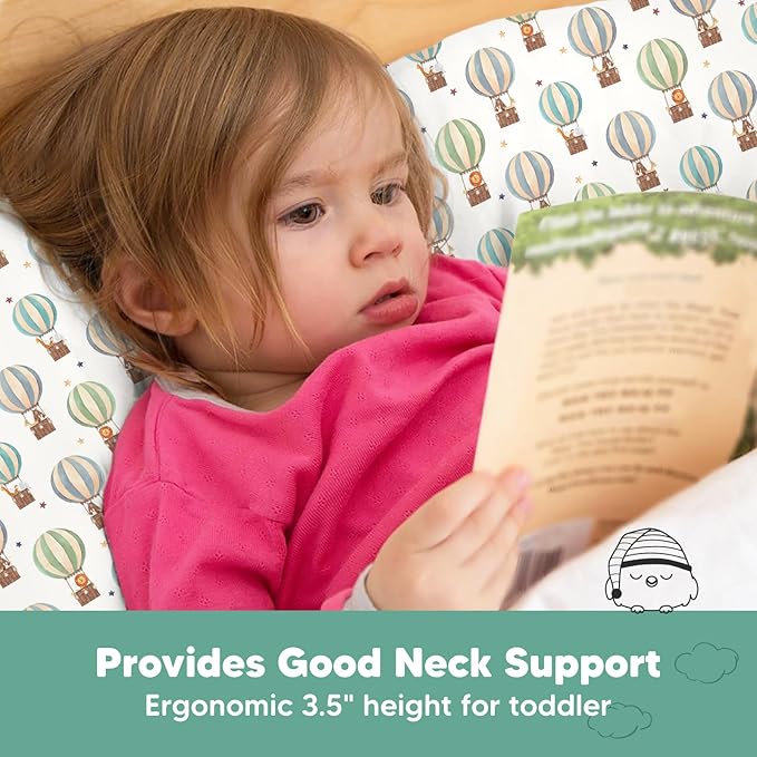 Toddler Pillow with Pillowcase - 13x18 My Little Dreamy Kids Travel Bed Pillows for Sleeping, Organic Cotton Small Pillowcase, Soft & Breathable, Machine Washable, Toddlers 2-5 (Hot Air Balloon)