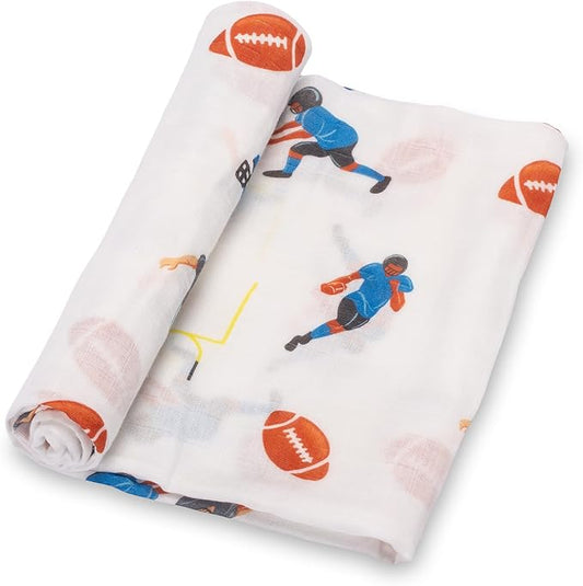 LollyBanks Swaddle Blanket 100% Muslin Cotton, 47 x 47 inches Soft Breathable Muslin Baby Swaddles for Boys, Baby Essentials, Registry and Gift (Football Print), Touchdown