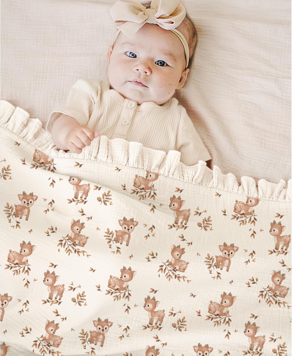 Konssy Flounce Muslin Baby Blankets, Cotton Crib Blanket for Baby Infant Toddler, Super Soft and Lightweight Nursery Blankets 40"x36" (Deer)