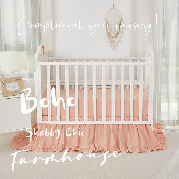 Brandream Gender Neutral Boho Bohemian Baby Girl Nursery Crib Bedding Set 3 Pieces Solid Blush Farmhouse Chic Ruffle Unisex Cozy 100% Washed Cotton