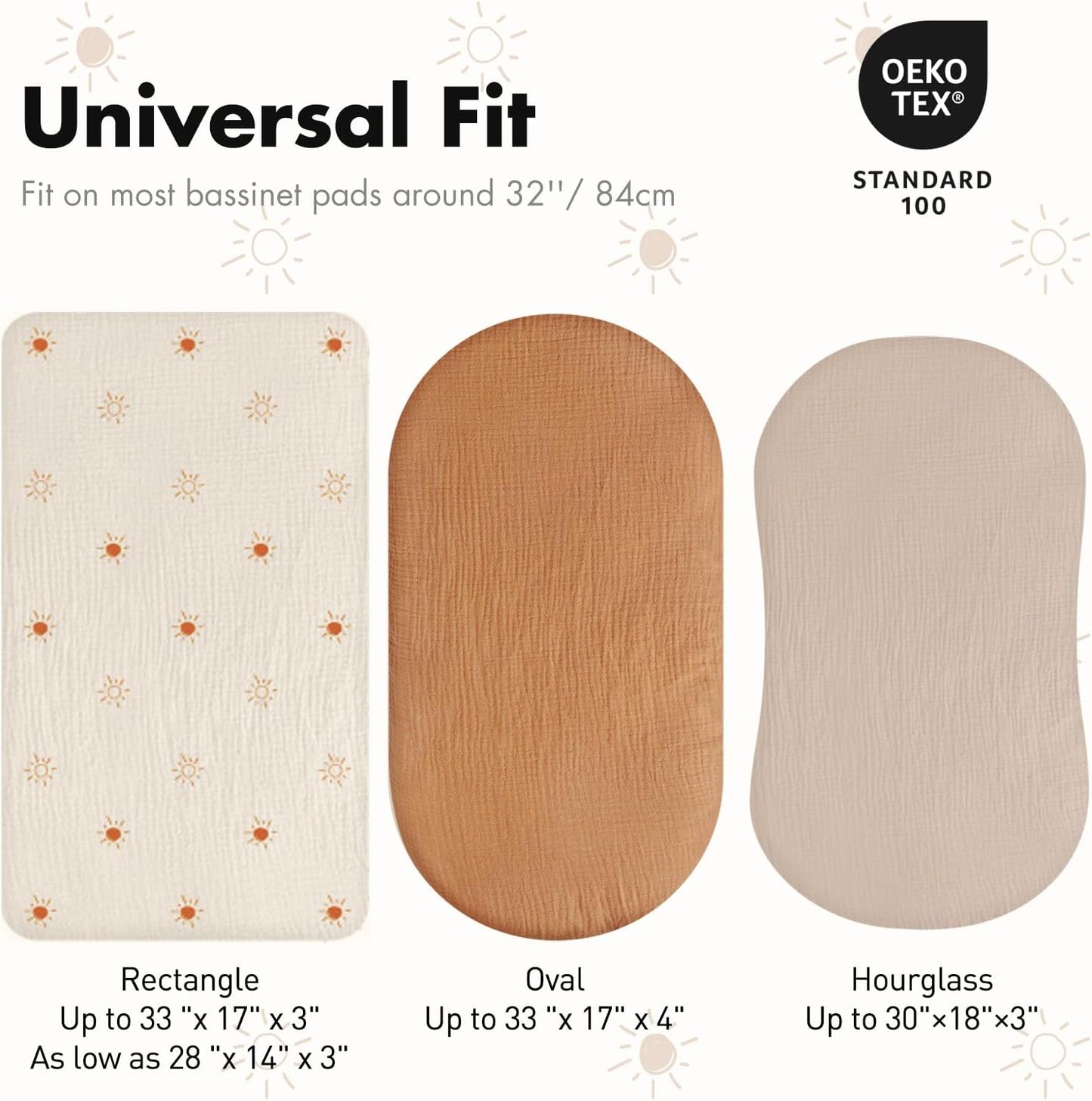 Gllquen Baby Muslin Bassinet Sheets 3 Pack, Breathable Elastic Cozy Fitted Cotton Bassinet Mattress Sheet for Baby Boy Girls, Fit for Hourglass Oval Rectangular Cradle Pad Sheets 33"x17" (Sunshine)