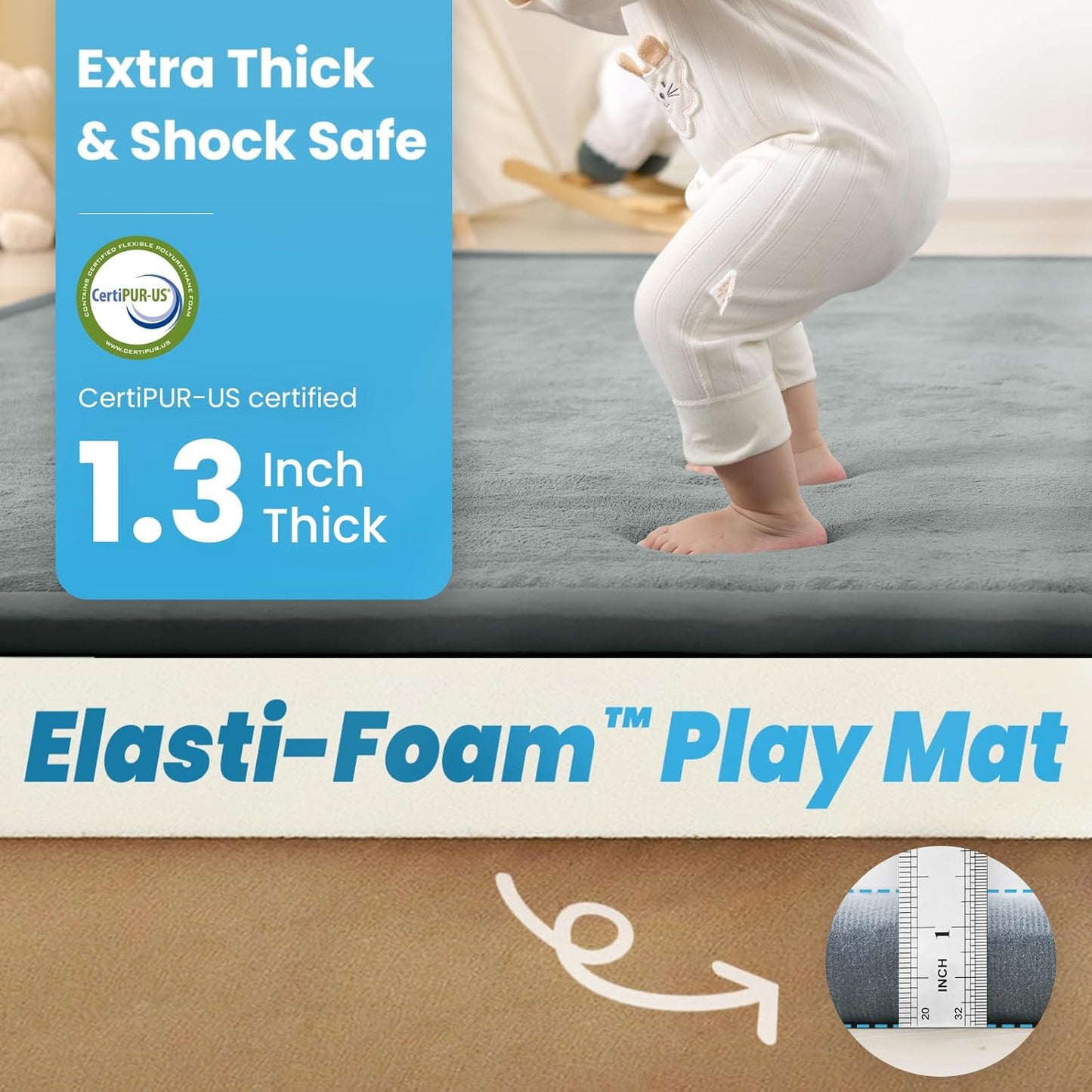 1.3" Thick Baby Play Mat for Floor Playpen,71x59 Large Foam Tummy Time Mat,Padded Support Soft Plush Nursery Rug for Infant,Kids Toddler Crawling Kick Activity (Light Grey)