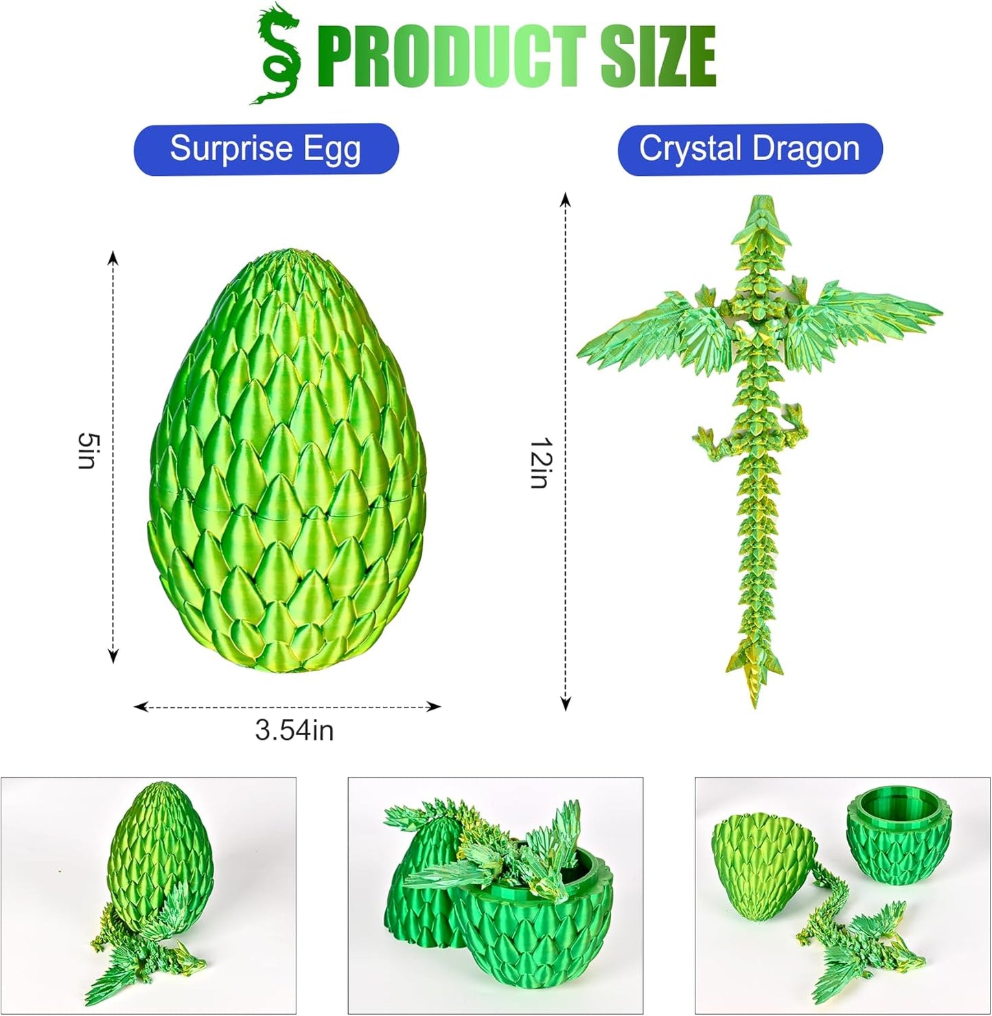 12inch Fly Dragon Egg, Year of The Dragon, 3D Printed Dragon, Executive Desk Toys, Articulated Dragon, Fidget Toys Gifts for Graduates Students Teachers Adults (Yellow&Green)