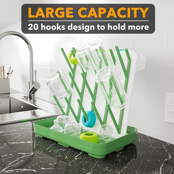 SpaceAid Baby Bottle Drying Rack with 20 Hooks, Space Saving Kitchen Bottles Rack Dryer, Vertical Baby Bottle Holder Organizer for Countertop Storage Accessories (White and Green)