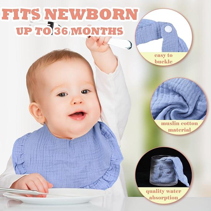 Seematn 10 Pcs Baby Muslin Bibs Drool Bibs Bandana Ruffle Soft Cotton for Newborn Baby Infants Girl Teething Toddlers Boy(Light Colors)