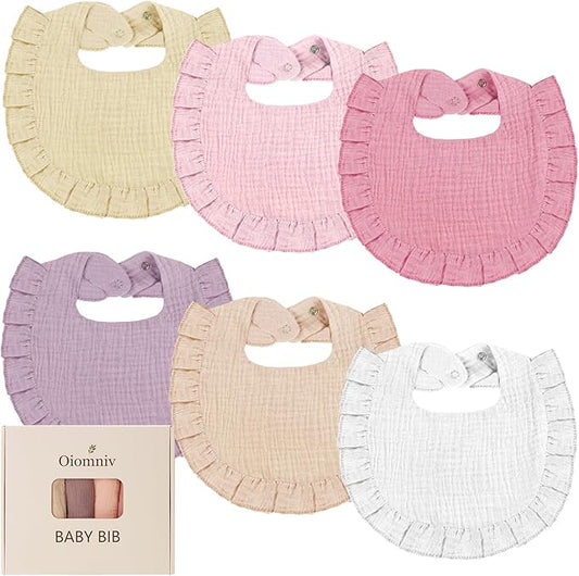Oiomniv Muslin Baby Bibs, 6-Pack Bandana Drool Bibs Soft Cotton Adjustable Unisex Newborn, Toddler for Drooling Teething