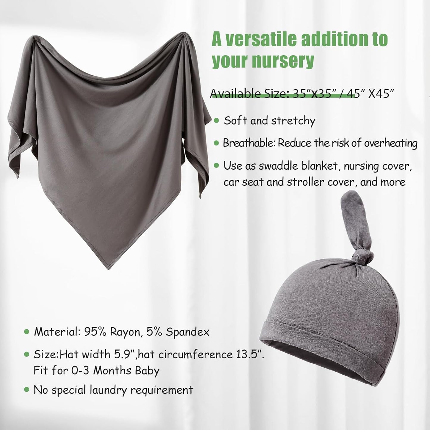 iEvolve Cotton Knitted Baby Swaddle Blanket with Hat Headband Set Newborn Swaddle Wrap Receiving Blankets for Baby Girl Boy 35" x 35"(Dark Grey)