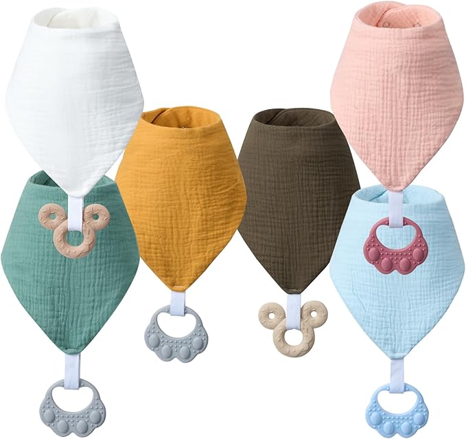 Baby Teething Bibs 6-Pack with Attachable Teether - 100% Organic Cotton, Super Absorbent & Soft Drool Bibs