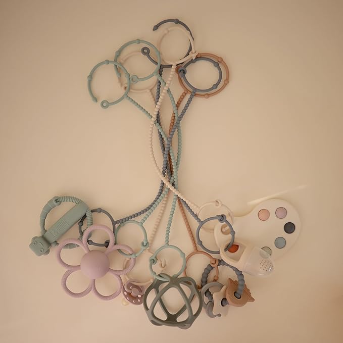 mushie Adjustable Silicone Toy Straps 2-Pack | Baby Accessories Holder for Travel, Stroller, High Chair (Tradewinds/Shifting Sand)