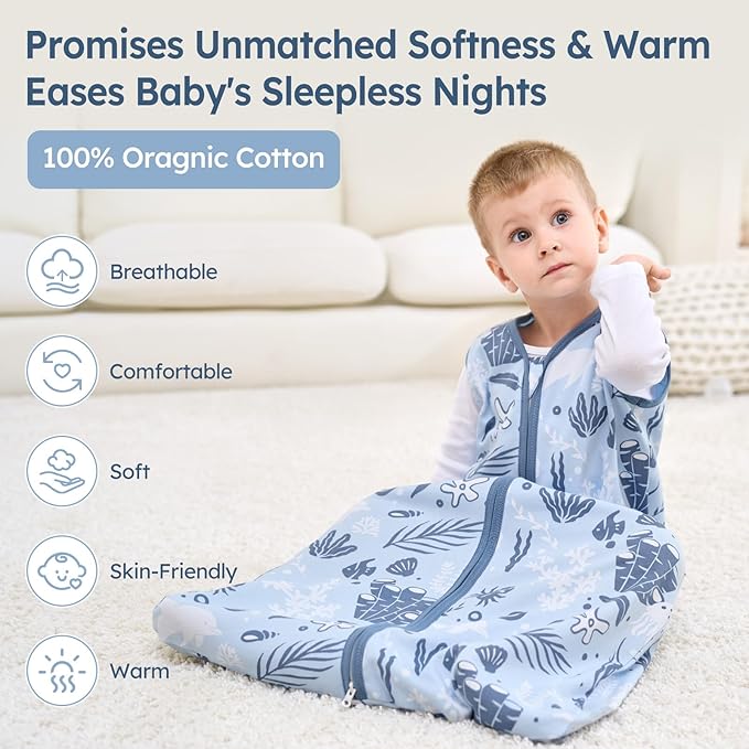 Baby Sleep Sack 0-6 Months 100% Cotton Lightweight 0.5 TOG Wearable Blanket Baby Sleep Bag with 2-Way Zipper for Newborn Infant Blue Dolphin