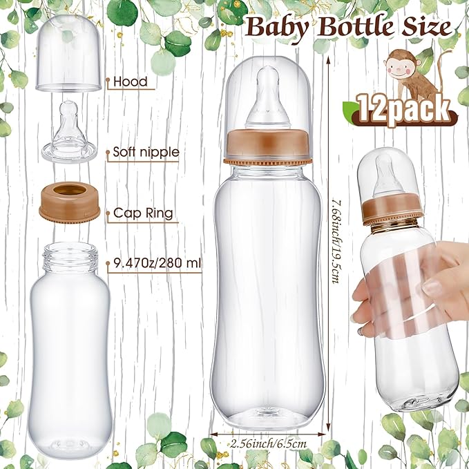 TrelaCo Woodland Animal Cool Baby Shower Games Bottle Chug Sign Wooden Woodland Gift Sets Gender Reveal Party Favors and 12 Pcs Baby Bottle Shower Favor for Gender Reveal