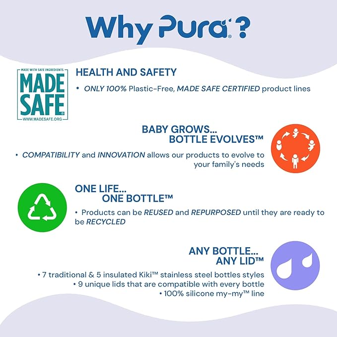 Pura Kiki 7oz Stainless Steel Insulated Infant Bottle – Includes Silicone Medium-Flow Nipple & Sleeve – Anti-Colic, Plastic-Free, MadeSafe Certified