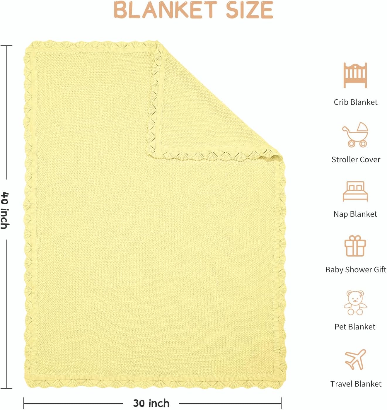 100% Cotton Baby Blanket Knit Soft Warm Lace Toddler Newborn Nursery Blanket, 30 x 40 Inches, Lemon Yellow
