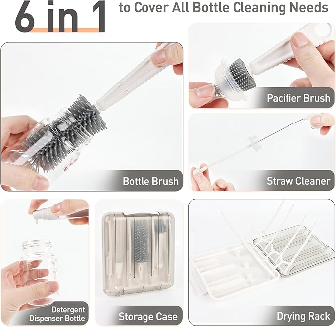 Baby Bottle Brush Set, 6-in-1 Travel Bottle Cleaning Kit with Silicone Bottle Brush, Nipple & Straw Brush, Soap Dispenser, Drying Rack, Storage Box – Compact Travel Baby Essential for Home & On-The-Go