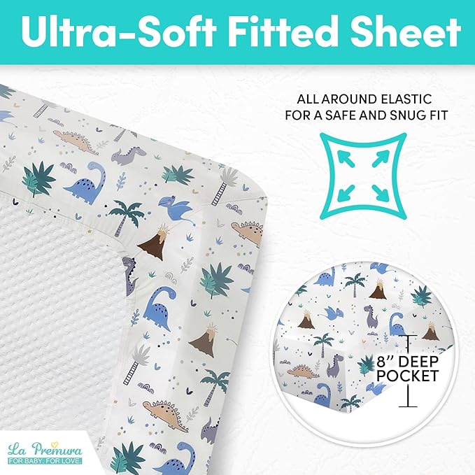 La Premura Baby Crib Bedding Set for Boys – Dinosaur 3 Piece Standard Size Nursery Crib Comforter Set, Grey/Blue - Unisex Baby Nursery Bedding and Neutral Decor