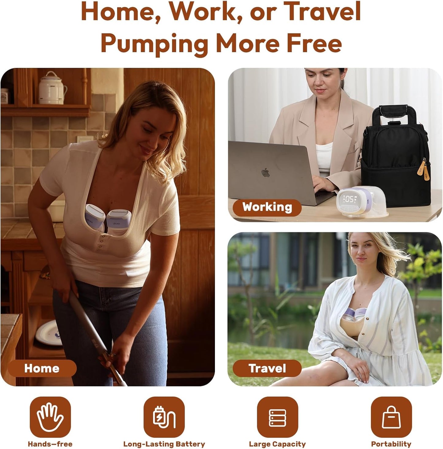 Wearable Breastfeeding Pump Hands Free of Long Battery Life, Portable Electric Wireless Breast Pump with 3 Modes and 9 Levels, LED Display, 16/18/20/22/24mm Flanges & Inserts, 2 Pack (Purple)