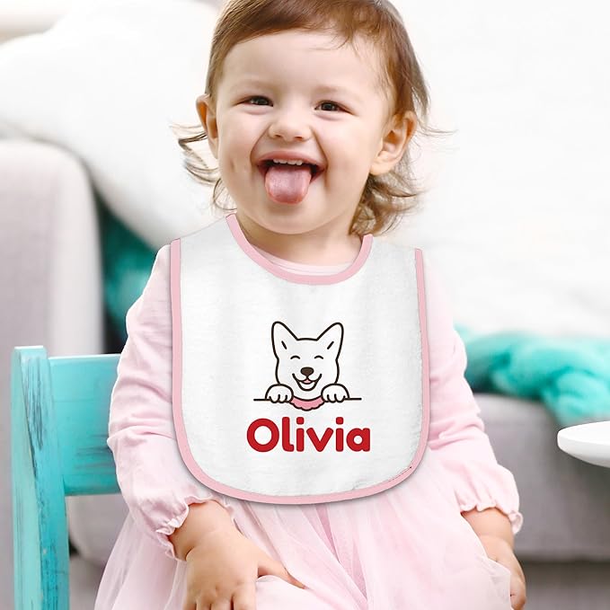 Personalized Baby Bib – Soft Cotton Terry, Cute Jindo Dog Design with Custom Text (1-2 Lines) – Newborns & Toddlers