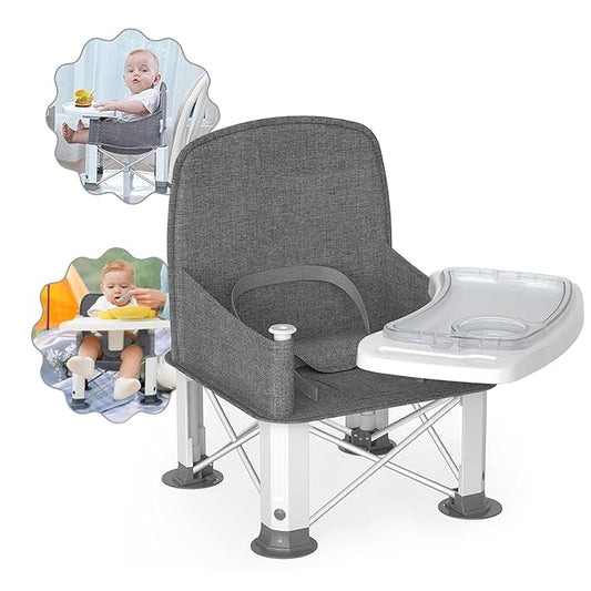 Baby Travel Booster Seat with Double Tray, BabyBond Upgraded Toddler Portable Baby Chair, Booster Seat for Dining Table, Stable and Foldable Booster Baby Chair for Indoor/Outdoor (Grey)