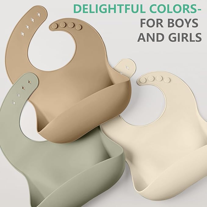 Cuddle Campus Set of 3 Silicone Bibs for Babies & Toddlers,Soft Adjustable Bibs with Pocket Food Catcher for Baby Girl,Boy