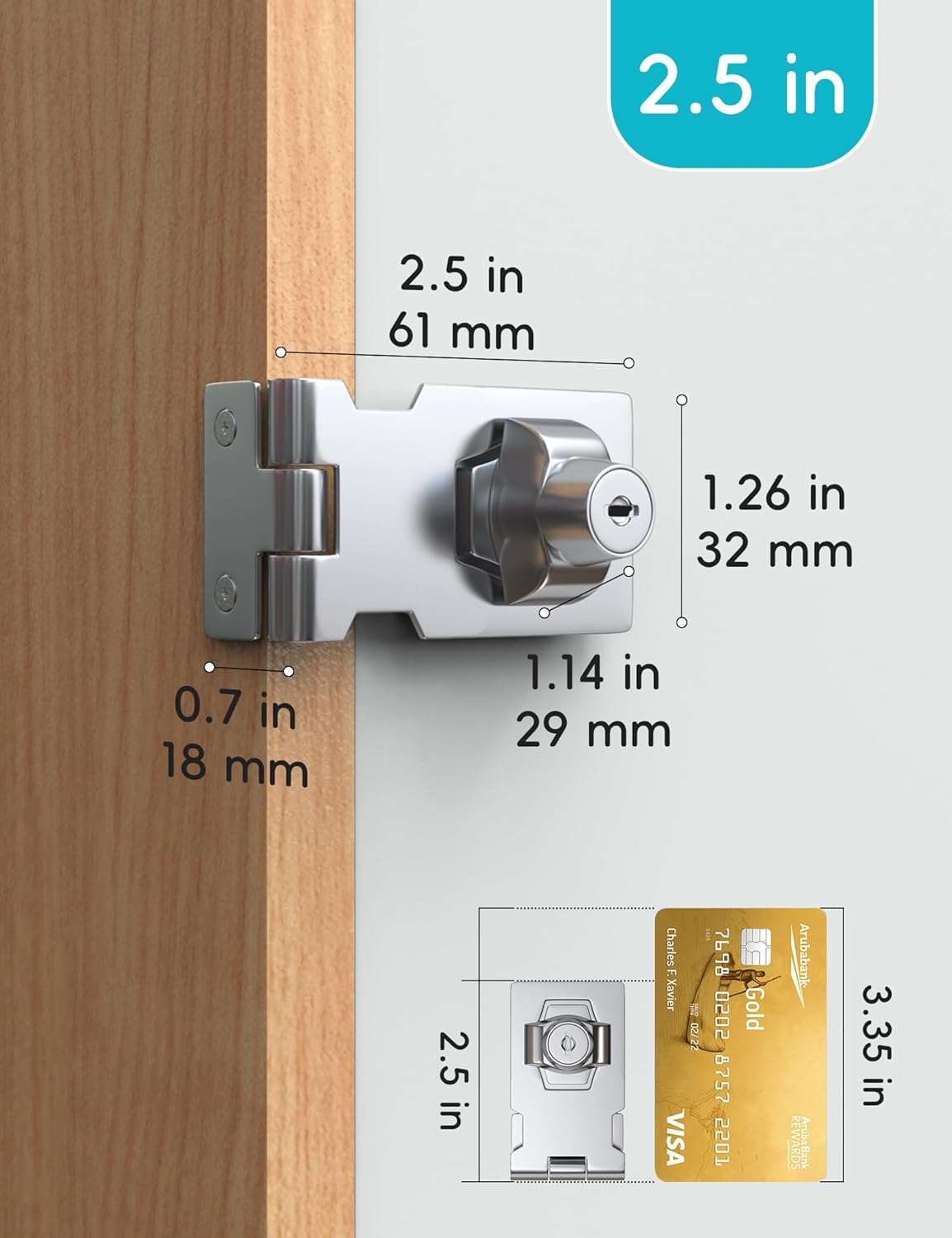 2.5 Inch Keyed Hasp Lock for Cabinets & Small Doors, Twist Knob Design, Heavy Duty Zinc Alloy with Chrome-Plated Iron, Includes Keys & Screws, Silver
