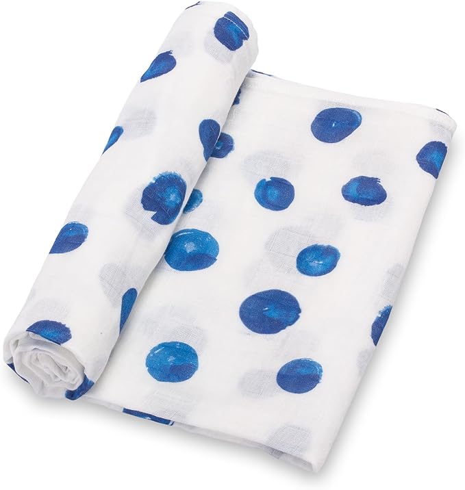 LollyBanks Swaddle Blanket - 100% Cotton Muslin Swaddle, 47 x 47 Inches, Neutral, Baby Essentials, Blue Dots Print