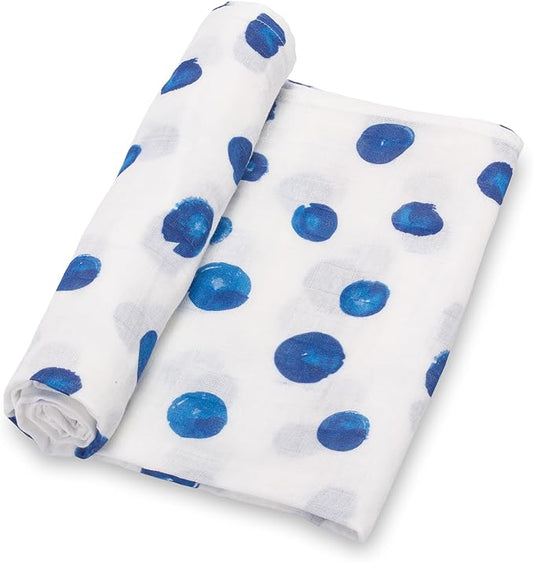 LollyBanks Swaddle Blanket - 100% Cotton Muslin Swaddle, 47 x 47 Inches, Neutral, Baby Essentials, Blue Dots Print