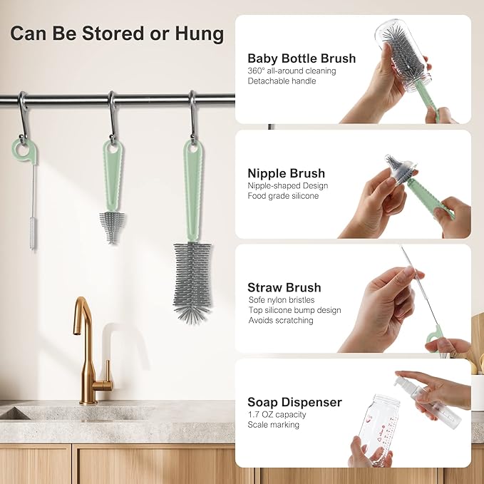 6 in 1 Bottle Cleaner Brush Set with Travel Bottle Drying Racks,360° Cleaning Baby Bottle Brush,Nipple Brush,Straw Cleaner Brush,Soap Dispenser & Organizer Case,Baby Essentials for Home&Travel(Green)