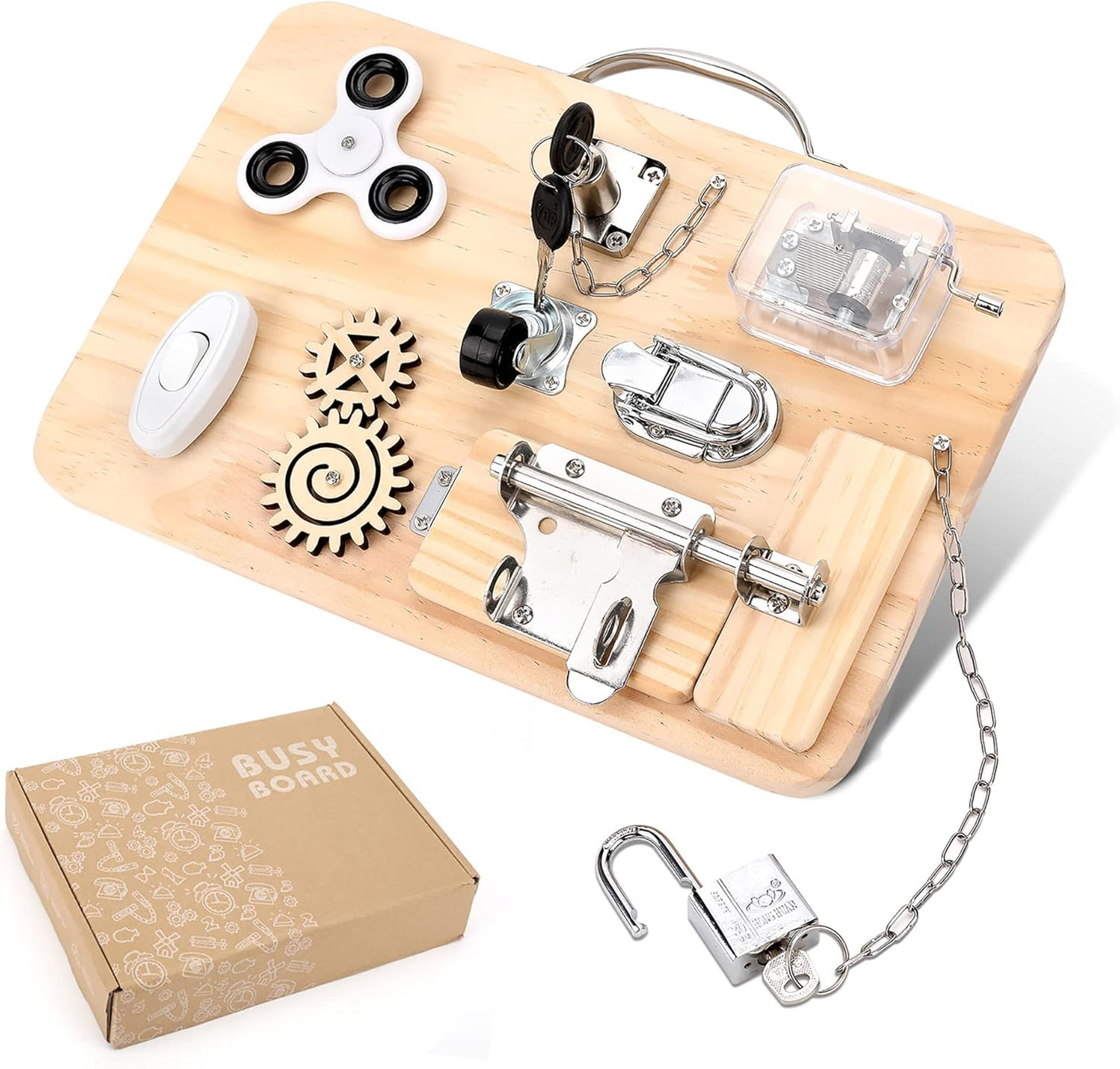 Wooden Montessori Toys Busy Board for 1 2 3 4 Year Old, Baby Toddler Sensory Toys, for Fine Motor Skills, for Autism ADHD