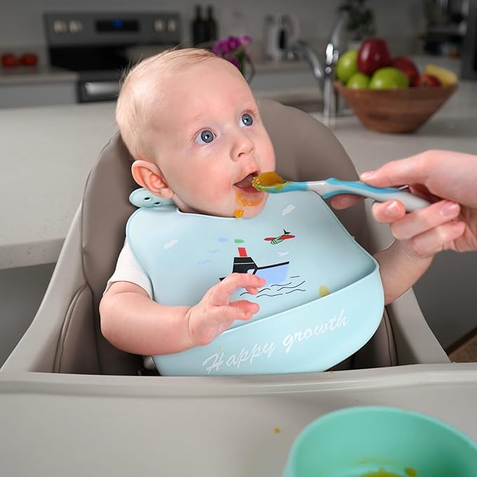 Silicone Baby Bibs Unisex, Self-Feeding, Catch-all Large Pocket, 6-48 months, BPA-Phthalate Free, w/Travel Case
