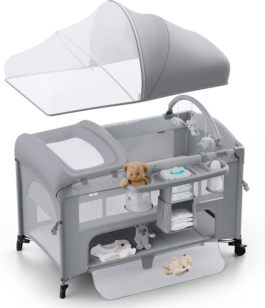 4 in 1 Baby Bassinet, Pack and Play, Bedside Crib Sleeper, Diaper Changer - Comes with Mattress, Mosquito Net，Bottom Storage and Toy Bar for Newborn to Toddles
