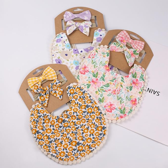 Baby Girls Floral Print Bibs, Reversible Burp Cloth Set for Newborn Infant Toddlers