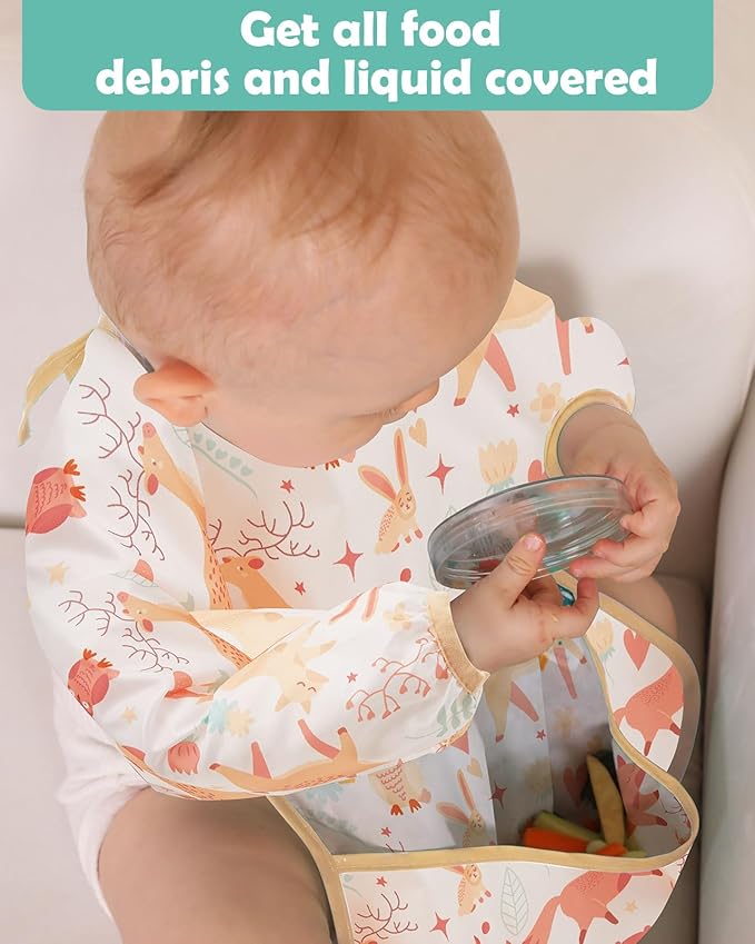 Lictin 3 Pack Baby Bibs for Boy or Girl, Cute Long Sleeve Bib, Waterproof Bibs for Toddlers,Adjustable Closure Baby Smock, Mess Proof Baby Bib, 6-24 Months Reusable Infant Baby Bibs