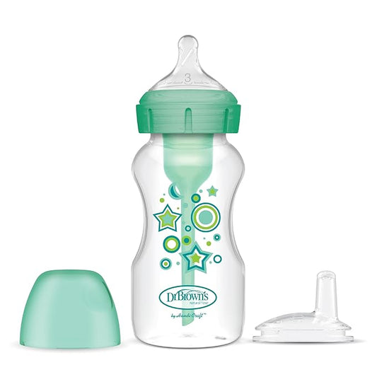 Dr. Brown’s Anti-Colic Options+ Wide-Neck Sippy Bottle Starter Kit, 9oz/270mL, with Level 3 Medium-Fast Flow Nipple and Soft 100% Silicone Sippy Spout, Green, BPA Free, 6m+