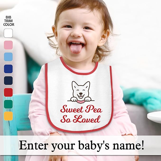 Personalized Baby Bib – Soft Cotton Terry, Cute Jindo Dog Design with Custom Text (1-2 Lines) – Newborns & Toddlers