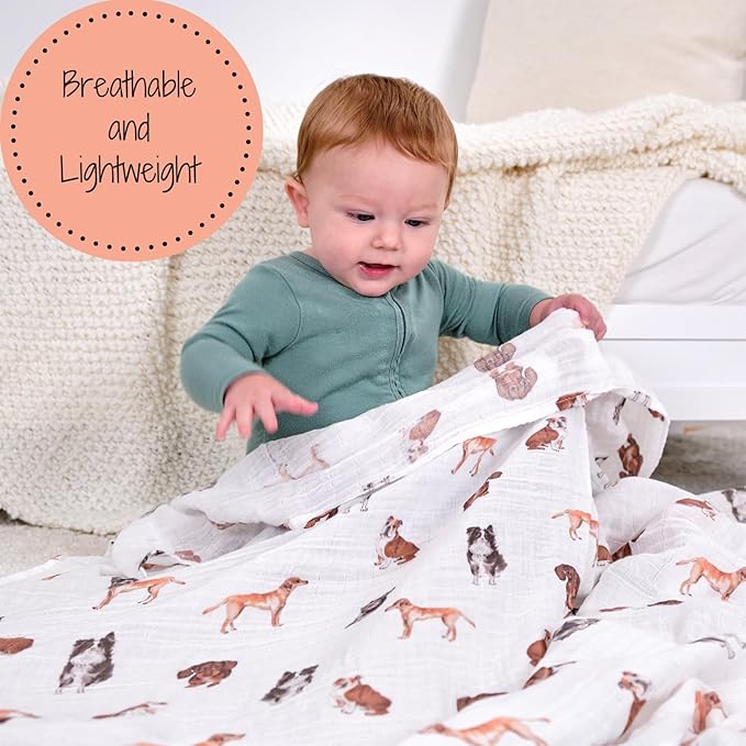 LollyBanks Swaddle Blanket, 100% Cotton Muslin Swaddle Blankets, Neutral Swaddle Blanket 47 x 47 Inches, Baby Blanket for Boys and Girls, Baby Essentials, Registry (Dogs Print)