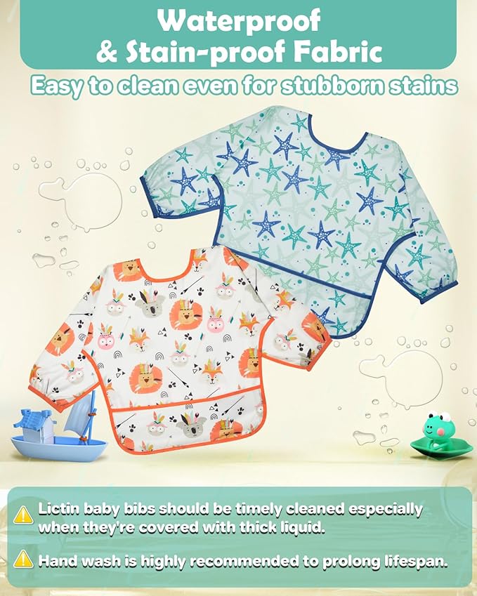 Lictin Long Sleeve Bibs 5 Pack - Baby Bibs, Waterproof Toddler Bibs, Baby Smock for Eating, Baby Bibs for Feeding Teething