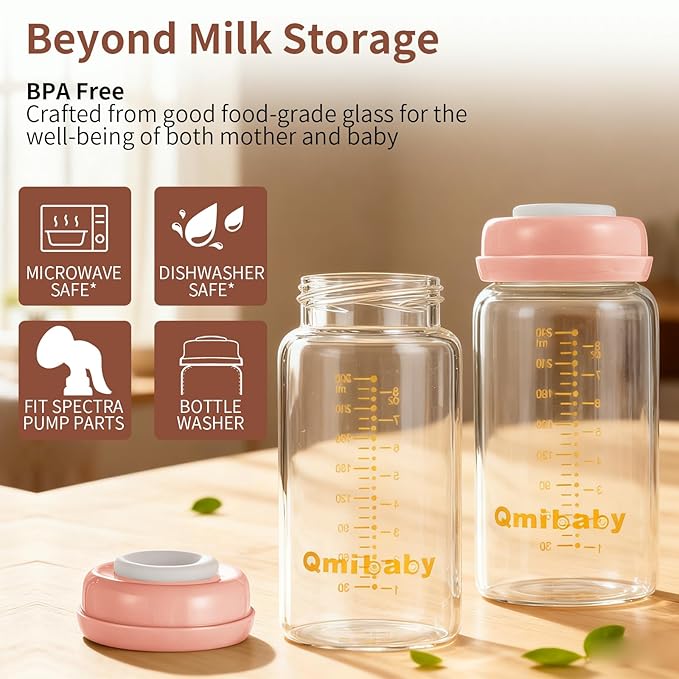 Breast Milk Storage Bottles 240ml 8oz BPA-Free Leak-Proof Natural Baby Bottle for Breastmilk Storage Wide Neck Bottles with Screw Ring Sealing Disk Breastfeeding (Grey+Pink, 240ml-6Packs)