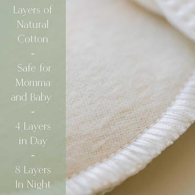 NuAngel Day & Night Reusable Nursing Pads for Breastfeeding, 100% Cotton—Day 4‑Layer, Night 8‑Layer Overnight Protection – 4 Pack (Natural/Sage)