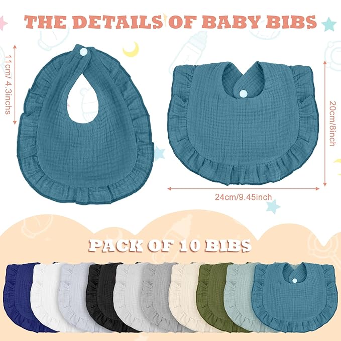 Seematn 10 Pcs Baby Muslin Bibs Drool Bibs Bandana Ruffle Soft Cotton for Newborn Baby Infants Girl Teething Toddlers Boy(Cool Colors)