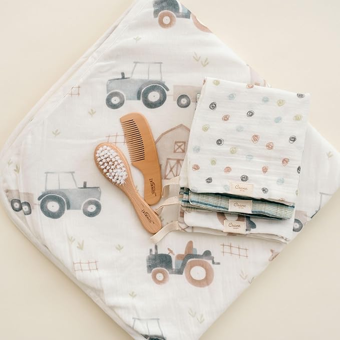 Crane Baby Hooded Towel & Washcloth Set, Charlie Farmhouse Tractor Hooded Baby Towels and Washcloths Set, Baby Bath Essentials, Washcloths for Newborn, Muslin Towel for Babies