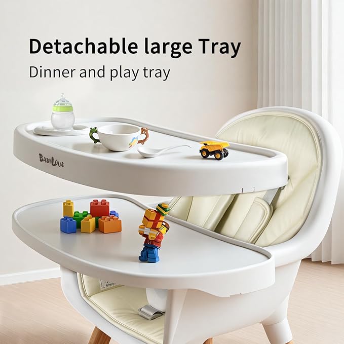 Baby High Chair, Wooden Highchair with Removable Tray, Adjustable Legs, Cushion, 5-Point Harness and Footrest for Infants, Baby, Toddlers, Cream