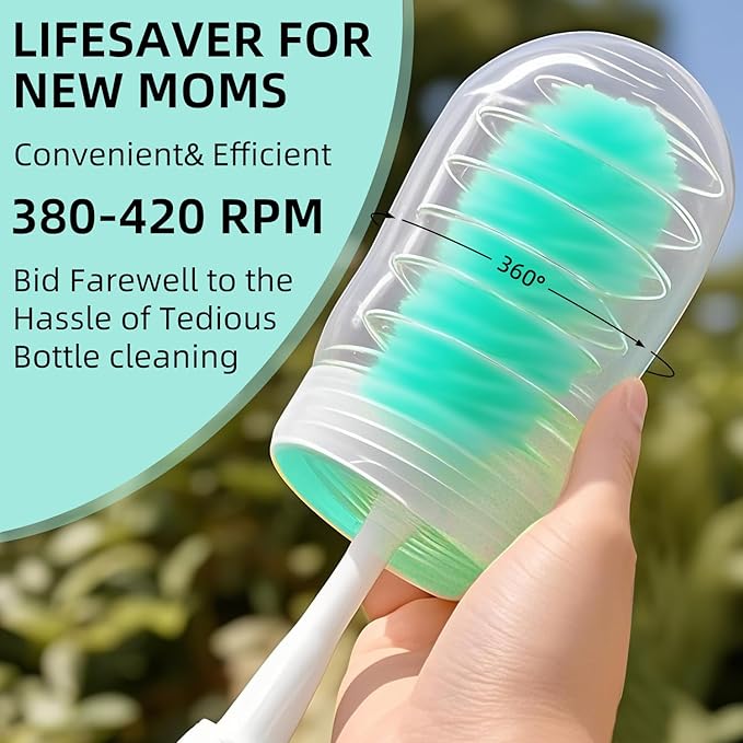 Electric Bottle Brush,Electric Baby Bottle Brush Set with Silicone Bottle/Pacifier/Straw Brush and Mixing Head, Water Bottle Cleaner Brush with Drying Rack, 2 Modes & 360° Rotation (Green)