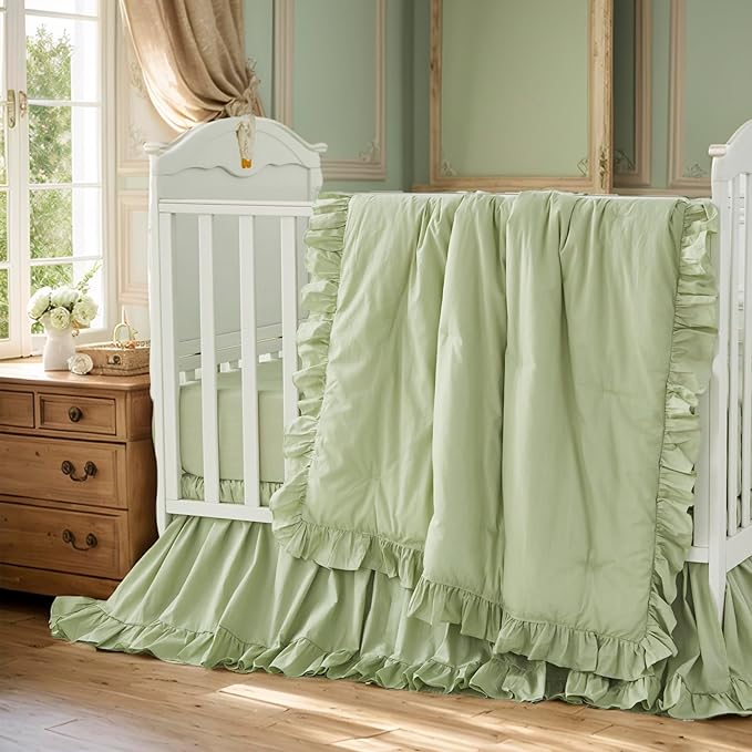 Brandream Farmhouse Crib Bedding Sets for Girls and Boys | 3 Piece Nursery Set Light Green Ruffles | Baby Comforter, Fitted Crib Sheet, Crib Skirt Included,100% Cotton Percale