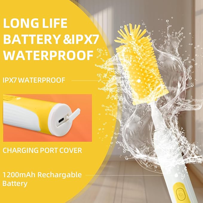 Electric Bottle Brush,Electric Baby Bottle Brush Set with Silicone Bottle/Pacifier/Straw Brush and Mixing Head, Water Bottle Cleaner Brush with Drying Rack, 2 Modes & 360° Rotation (Yellow)
