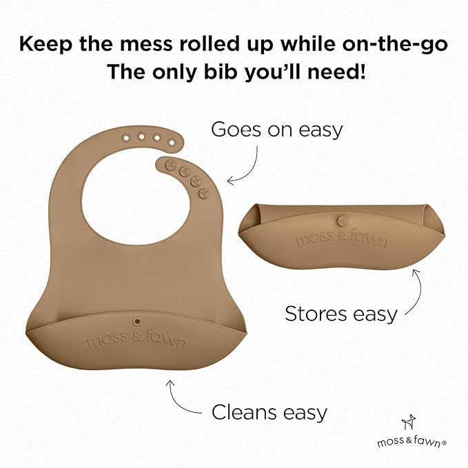 Moss and Fawn Gather & Roll Bib - Washable Waterproof Silicone Baby Feeding Bib - BPA, Lead, & PVC-Free