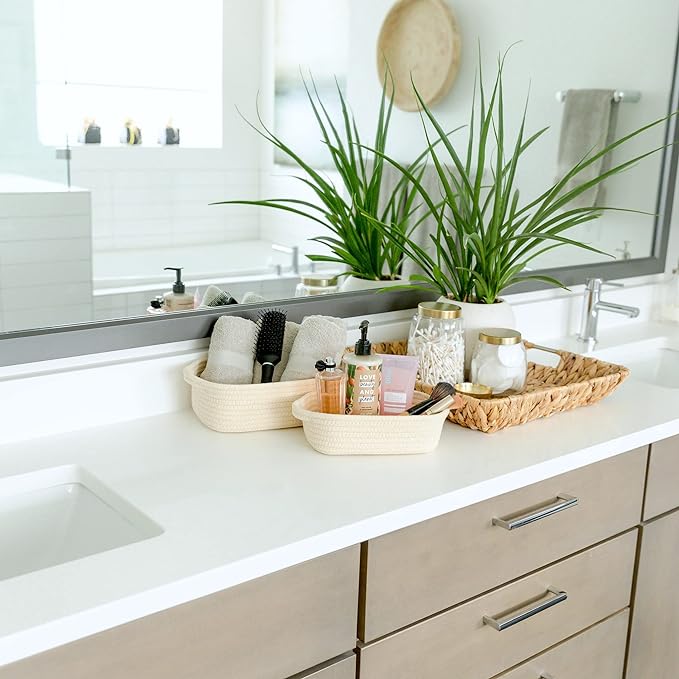 NaturalCozy 5-Piece Rectangle Storage Basket Set- Natural Cotton Rope Woven Baskets for Organizing! Small Basket for Montessori, Baby Nursery, Dog Toy Baskets, Cat Toy Box, Bathroom Organization Bin